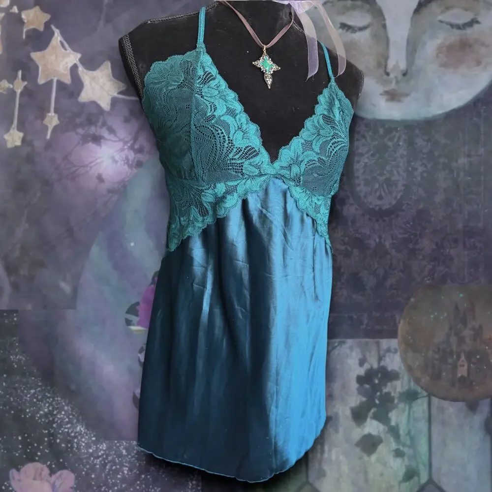 Emerald Teal Satin Chemise | Dark Fairy  Whimsigoth | Romantic Gothic Nightie